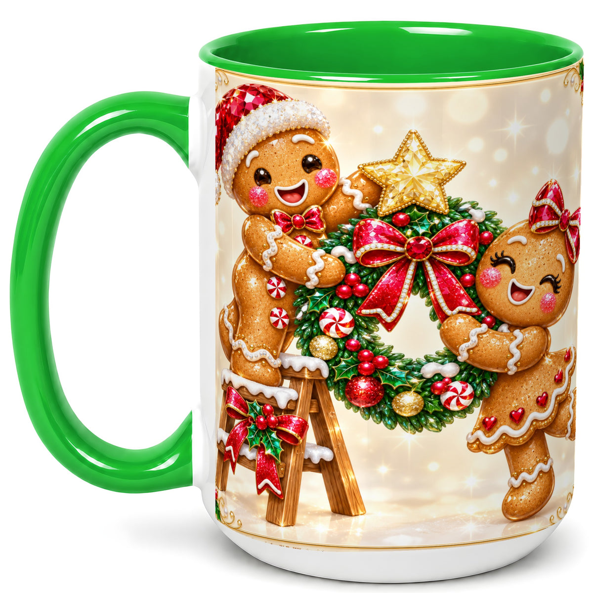 #pl[15oz|Green] Gingerbread Wreath Coffee Mug, Christmas Cookie Mug, Ceramic Cup
