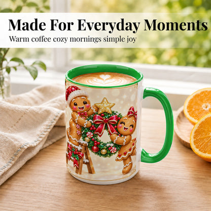 #pl[15oz|Green] Gingerbread Wreath Coffee Mug, Christmas Cookie Mug, Ceramic Cup