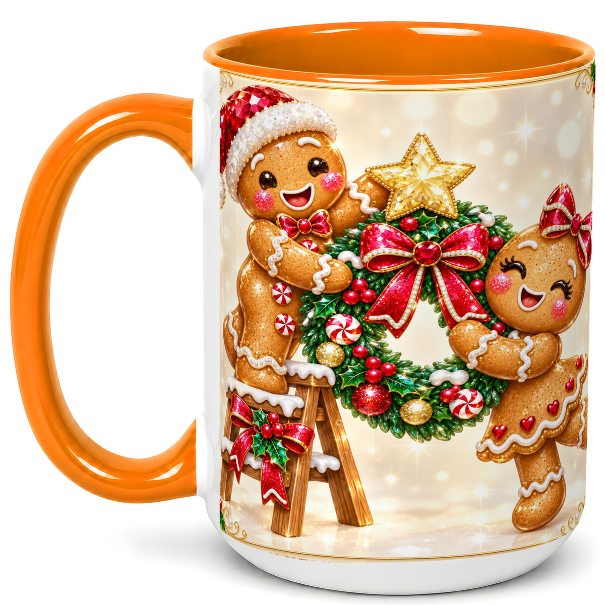 #pl[15oz|Orange] Gingerbread Wreath Coffee Mug, Christmas Cookie Mug, Ceramic Cup
