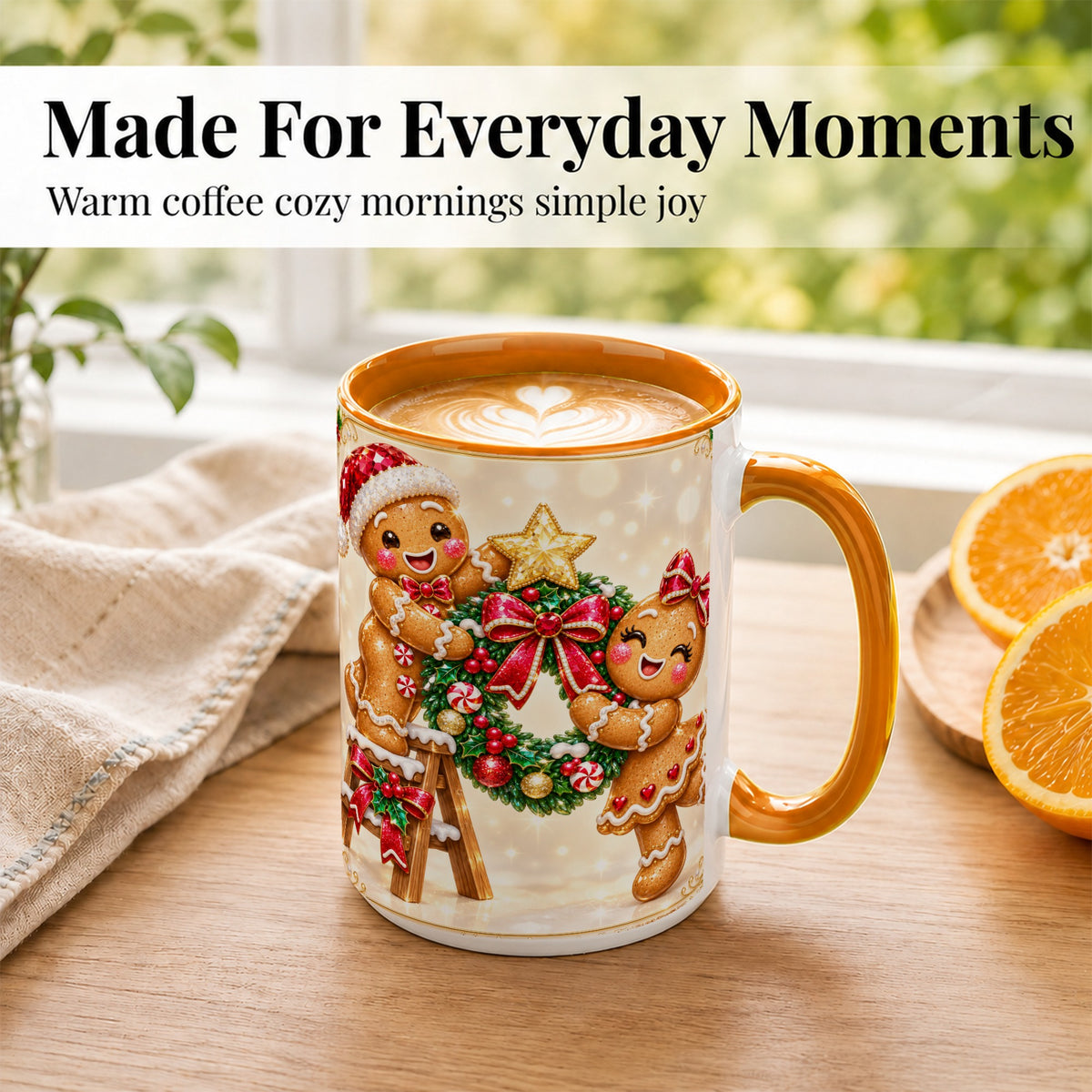 #pl[15oz|Orange] Gingerbread Wreath Coffee Mug, Christmas Cookie Mug, Ceramic Cup