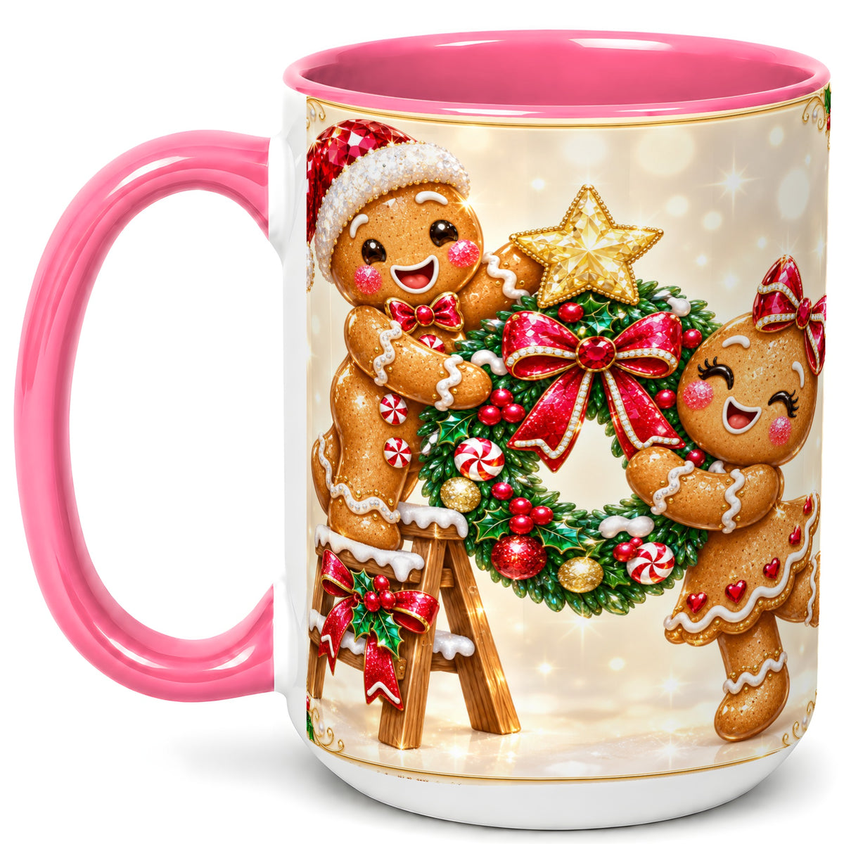 #pl[15oz|Pink] Gingerbread Wreath Coffee Mug, Christmas Cookie Mug, Ceramic Cup
