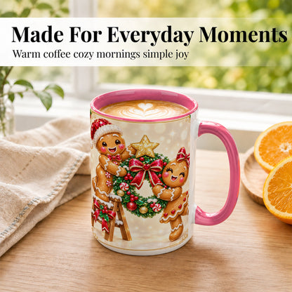#pl[15oz|Pink] Gingerbread Wreath Coffee Mug, Christmas Cookie Mug, Ceramic Cup