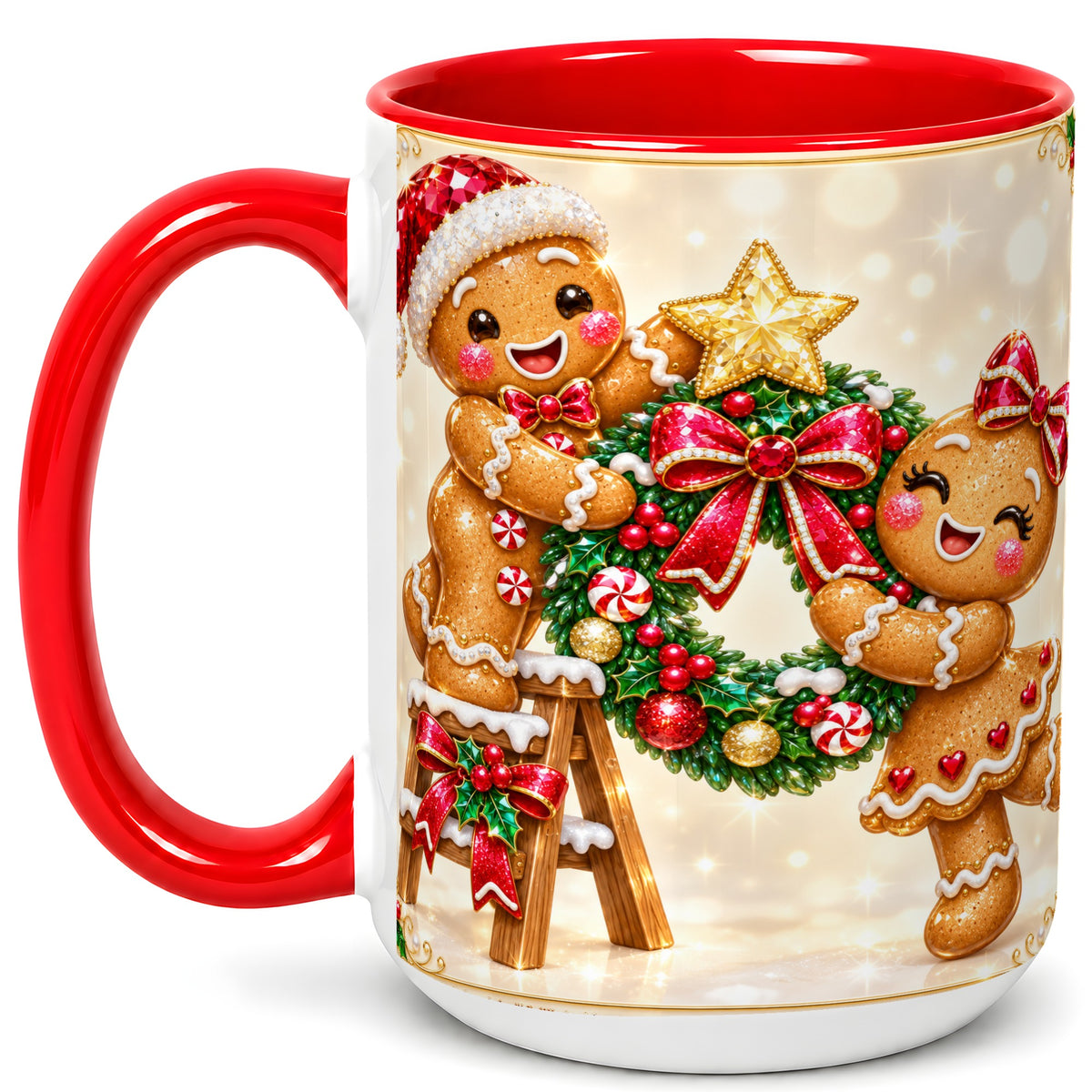 #pl[15oz|Red] Gingerbread Wreath Coffee Mug, Christmas Cookie Mug, Ceramic Cup