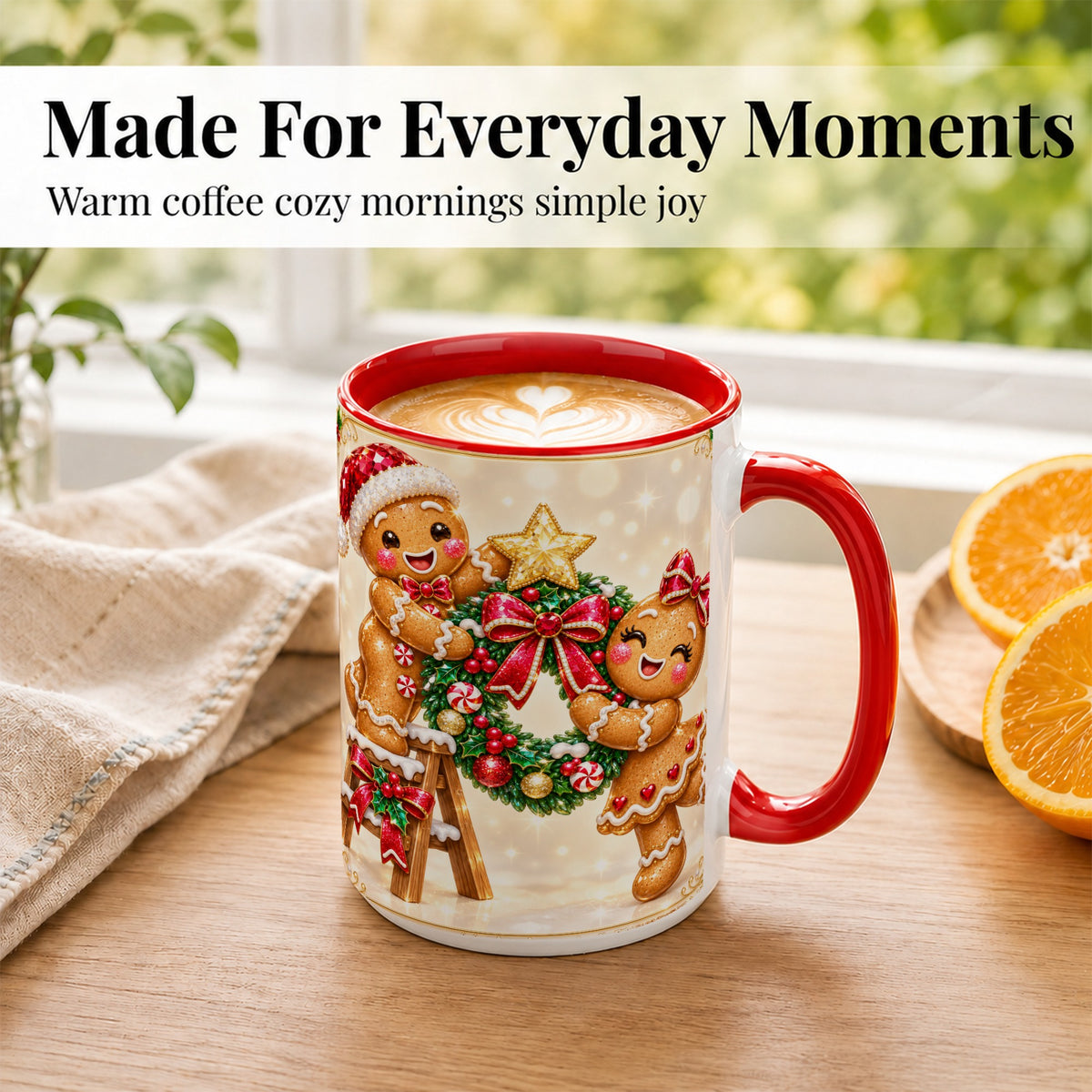 #pl[15oz|Red] Gingerbread Wreath Coffee Mug, Christmas Cookie Mug, Ceramic Cup