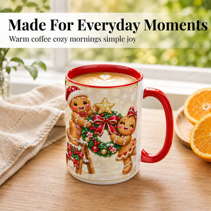 #pl[15oz|Red] Gingerbread Wreath Coffee Mug, Christmas Cookie Mug, Ceramic Cup