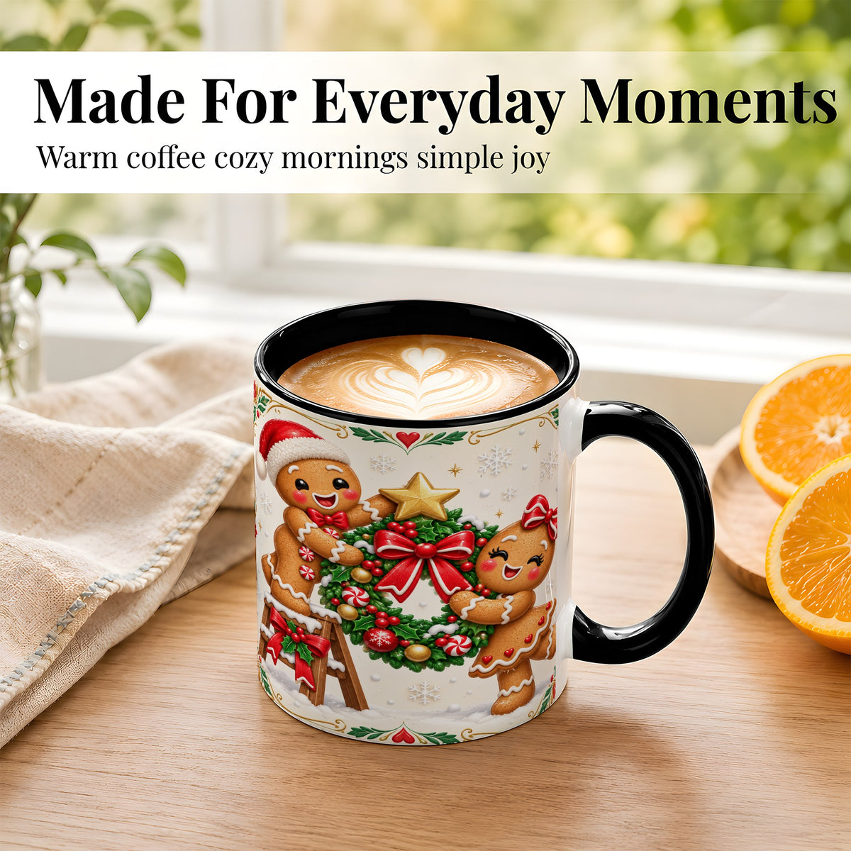 #pl[11oz|Black] Gingerbread Wreath Coffee Mug, Festive Cookie Mug, Ceramic Cup