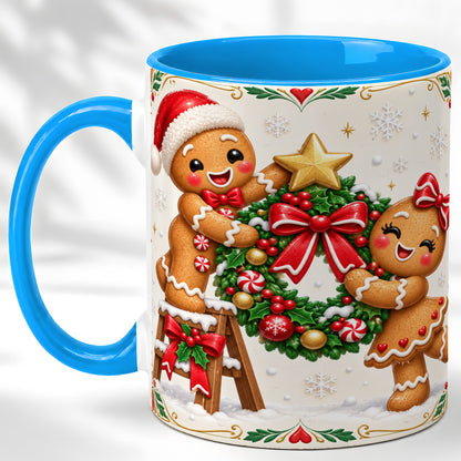 #pl[11oz|Blue] Gingerbread Wreath Coffee Mug, Festive Cookie Mug, Ceramic Cup