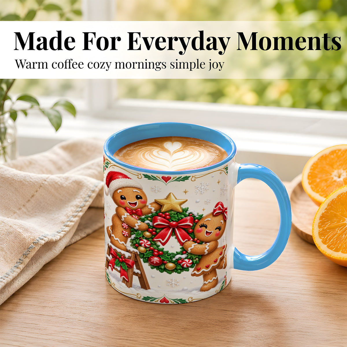 #pl[11oz|Blue] Gingerbread Wreath Coffee Mug, Festive Cookie Mug, Ceramic Cup