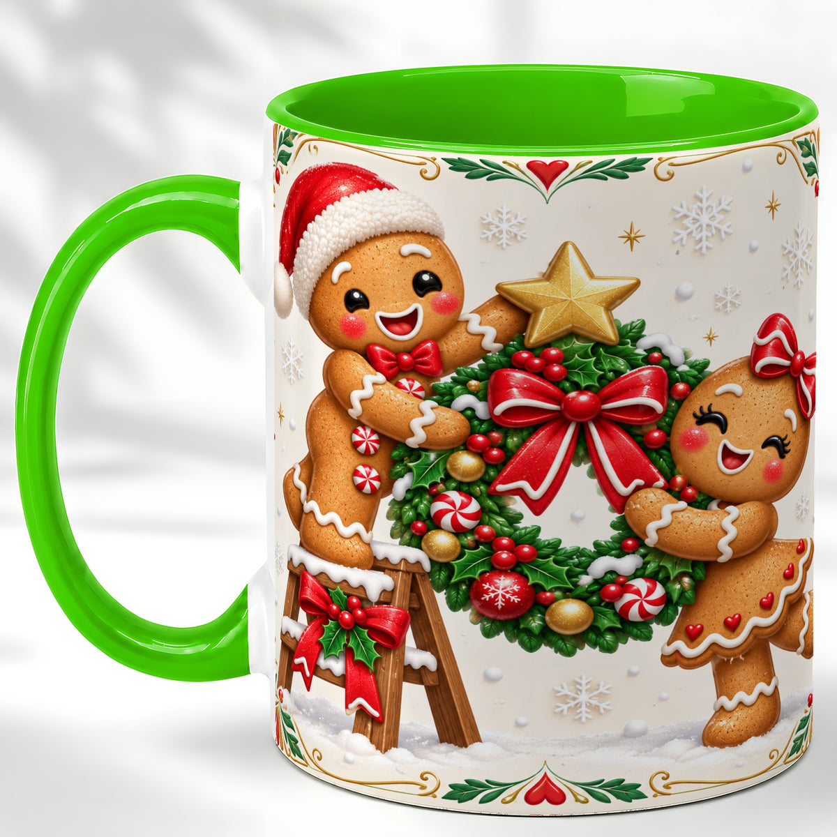 #pl[11oz|Green] Gingerbread Wreath Coffee Mug, Festive Cookie Mug, Ceramic Cup