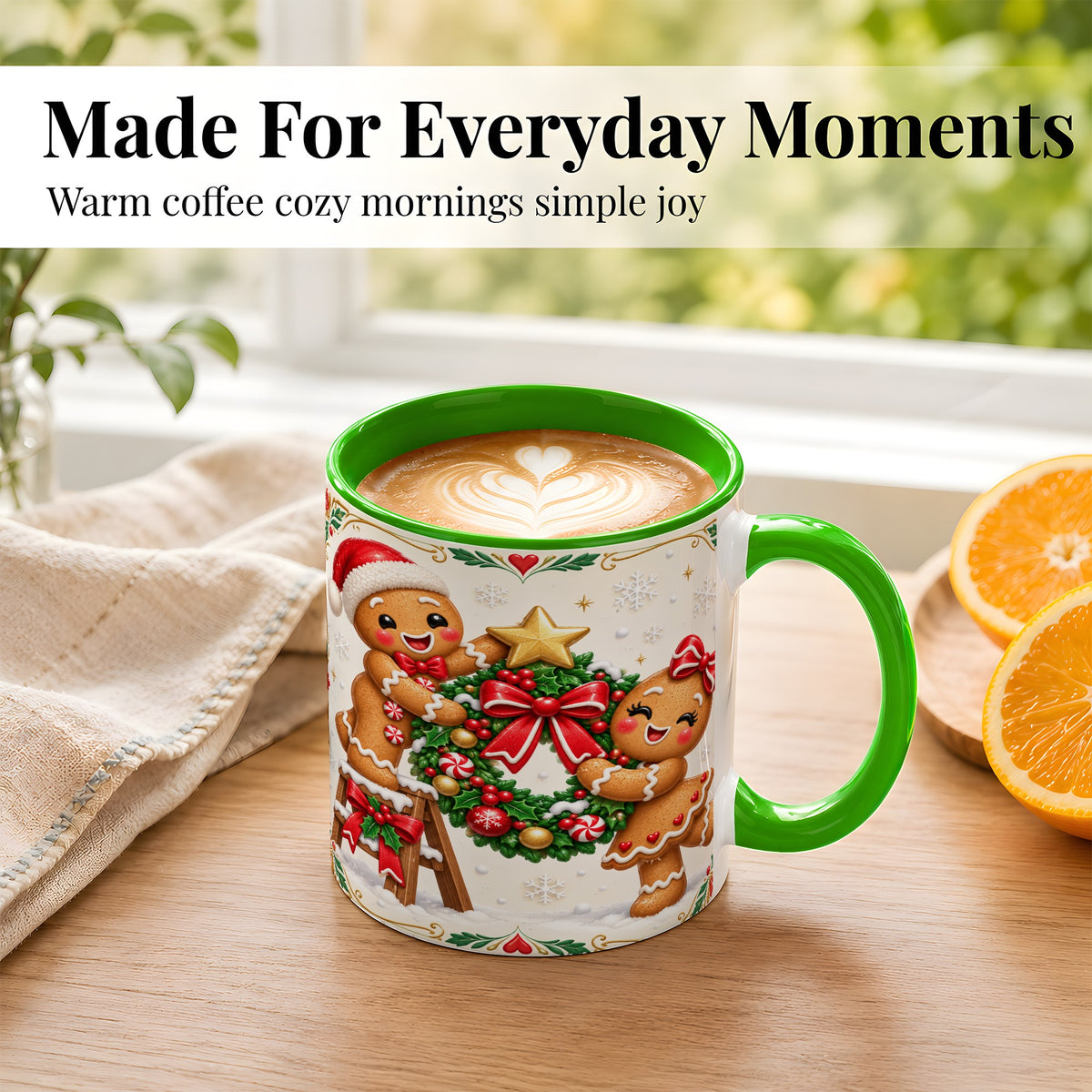 #pl[11oz|Green] Gingerbread Wreath Coffee Mug, Festive Cookie Mug, Ceramic Cup