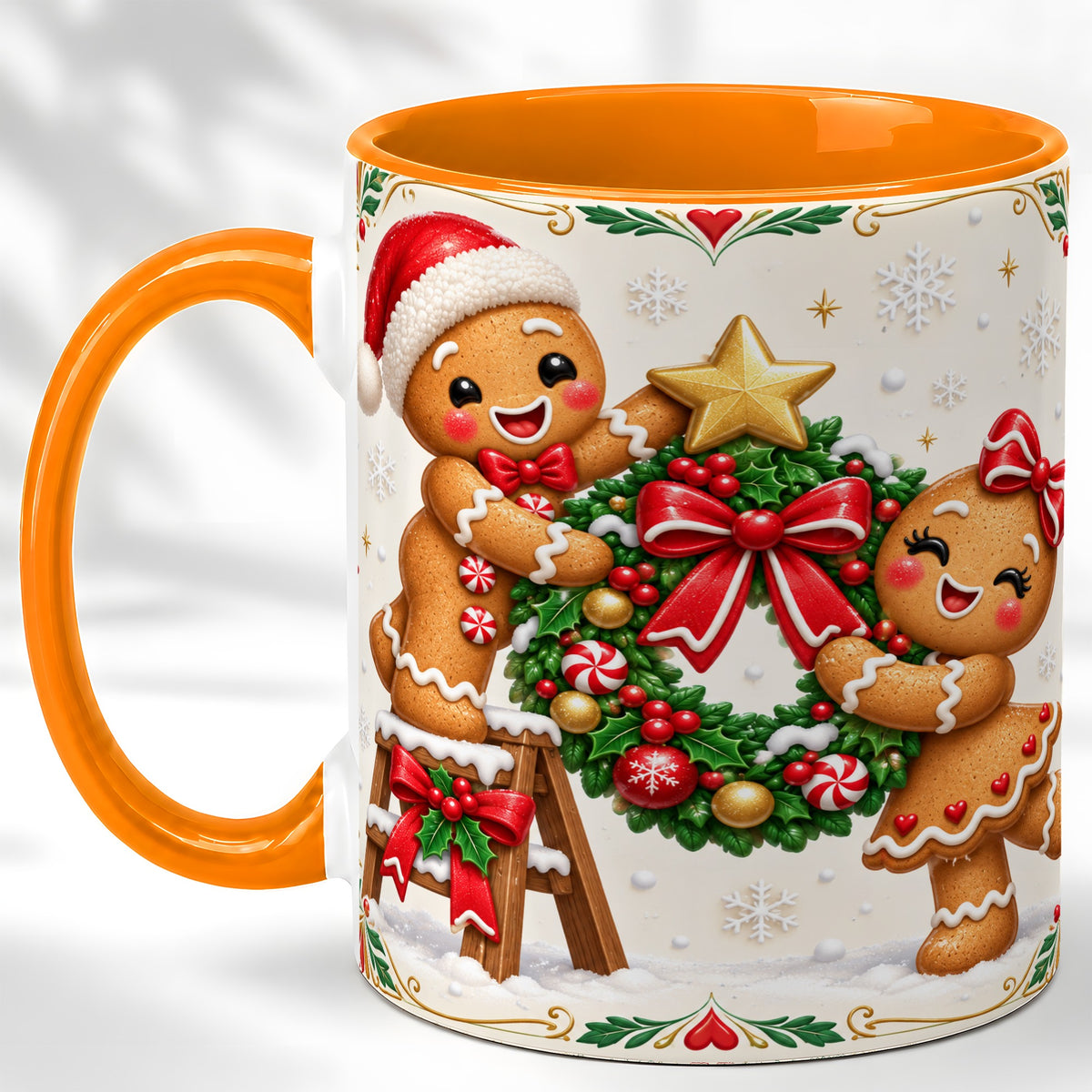 #pl[11oz|Orange] Gingerbread Wreath Coffee Mug, Festive Cookie Mug, Ceramic Cup
