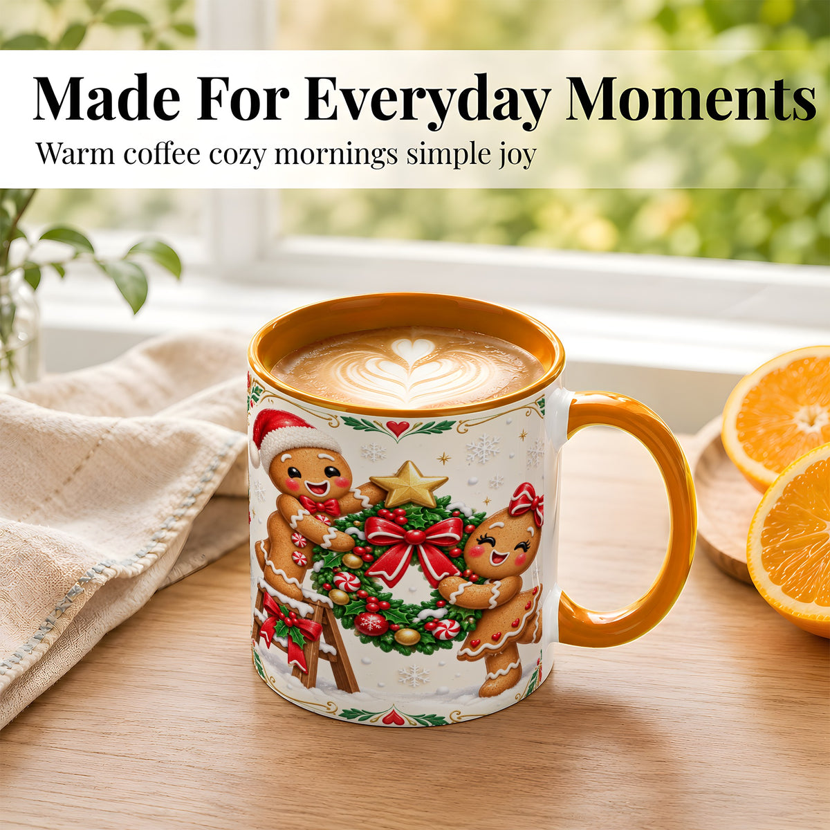 #pl[11oz|Orange] Gingerbread Wreath Coffee Mug, Festive Cookie Mug, Ceramic Cup