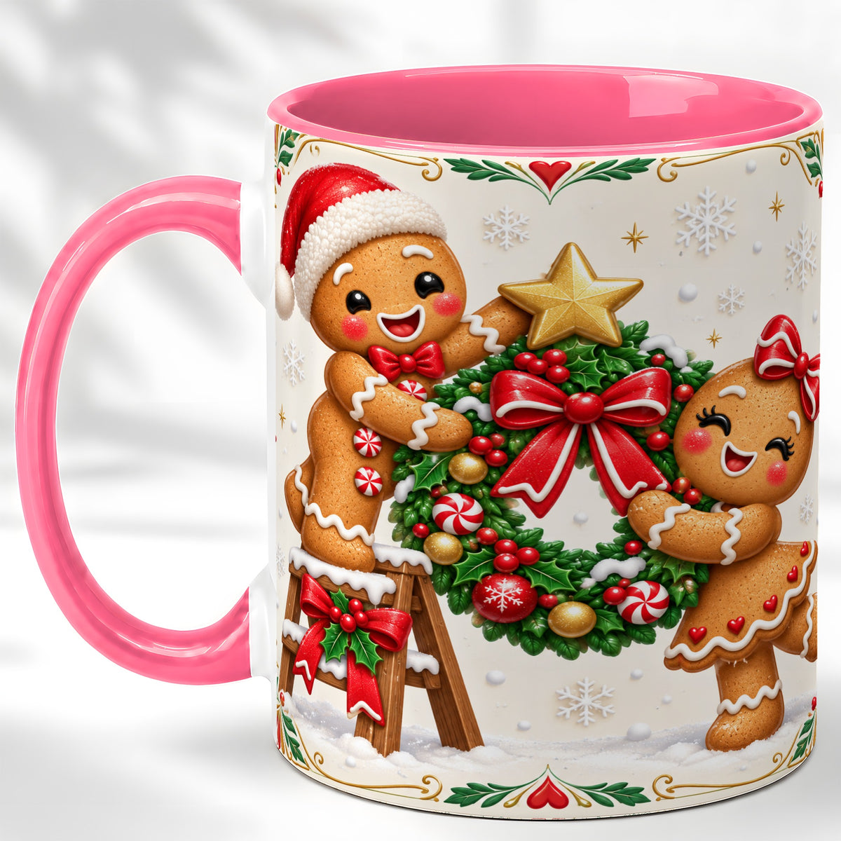 #pl[11oz|Pink] Gingerbread Wreath Coffee Mug, Festive Cookie Mug, Ceramic Cup