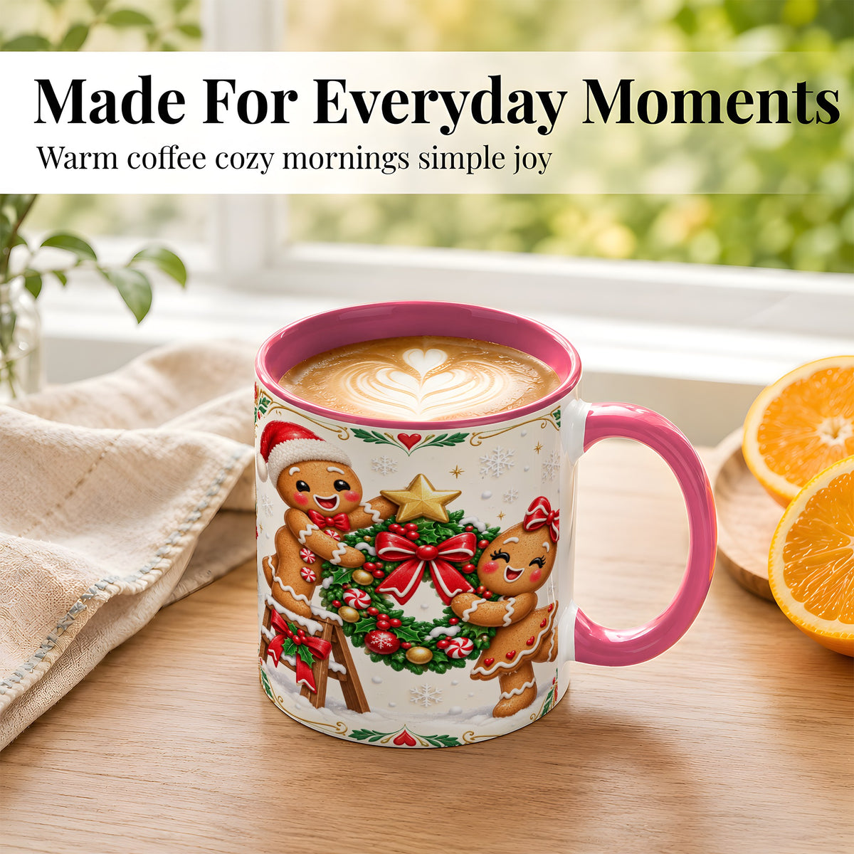 #pl[11oz|Pink] Gingerbread Wreath Coffee Mug, Festive Cookie Mug, Ceramic Cup