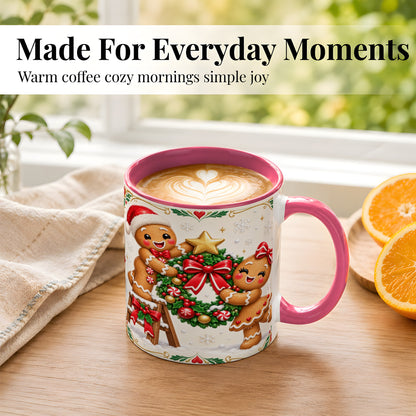 #pl[11oz|Pink] Gingerbread Wreath Coffee Mug, Festive Cookie Mug, Ceramic Cup