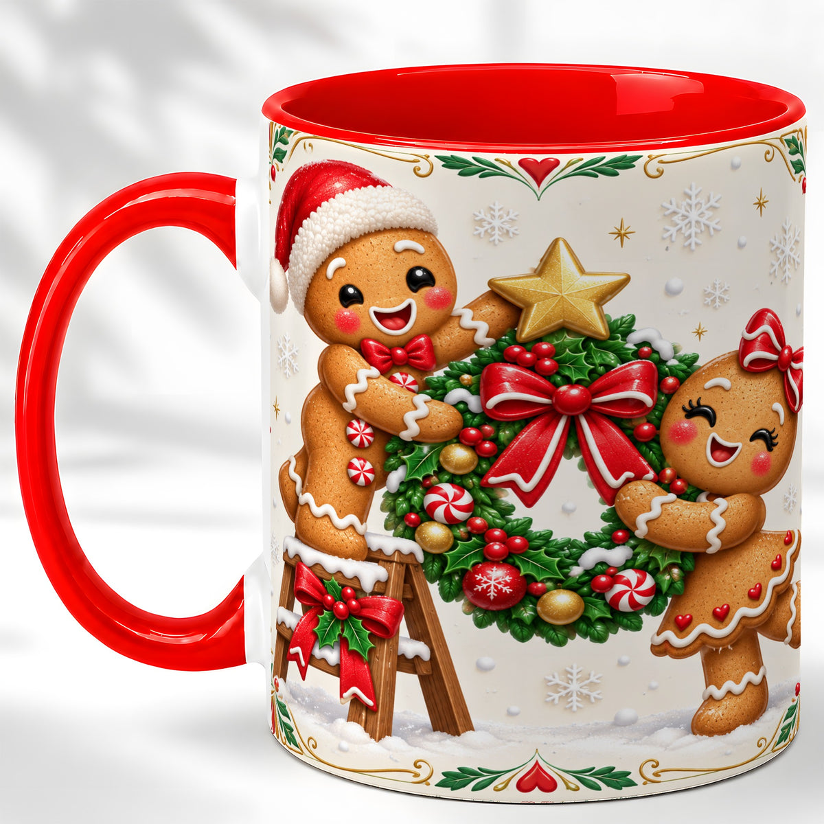Gingerbread Wreath Coffee Mug, Festive Cookie Mug, Ceramic Cup