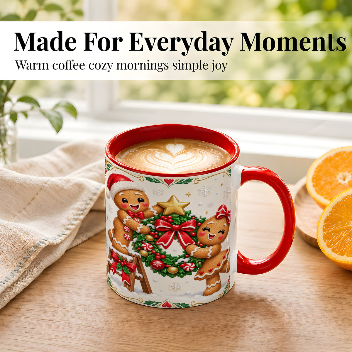 #pl[11oz|Red] Gingerbread Wreath Coffee Mug, Festive Cookie Mug, Ceramic Cup