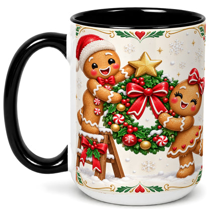 #pl[15oz|Black] Gingerbread Wreath Coffee Mug, Festive Cookie Mug, Ceramic Cup