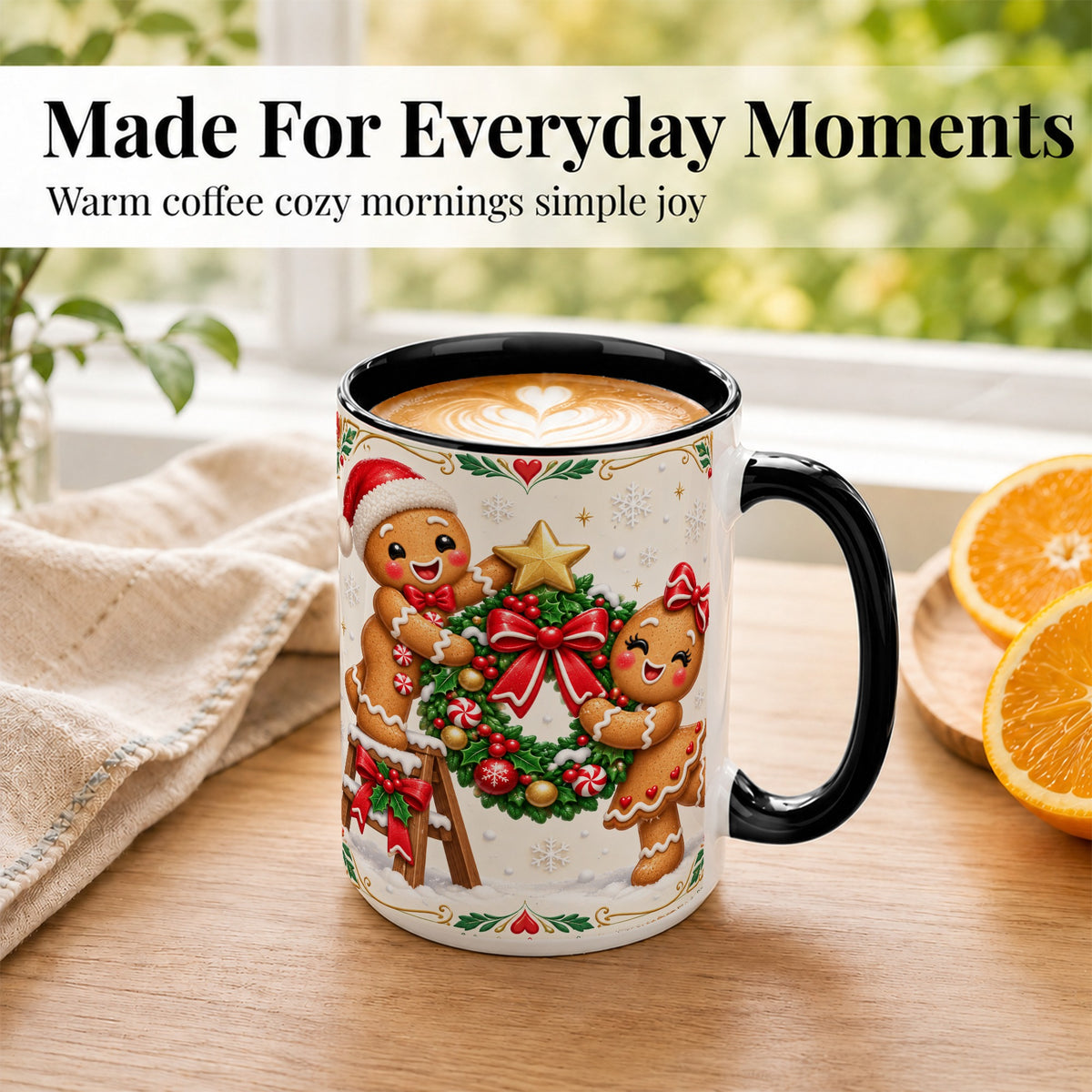 #pl[15oz|Black] Gingerbread Wreath Coffee Mug, Festive Cookie Mug, Ceramic Cup