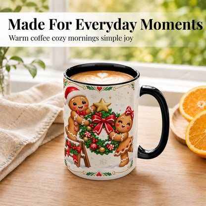 #pl[15oz|Black] Gingerbread Wreath Coffee Mug, Festive Cookie Mug, Ceramic Cup