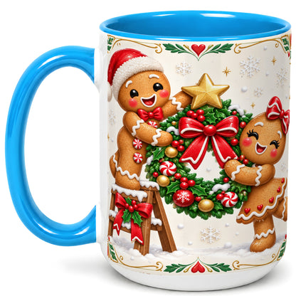 #pl[15oz|Blue] Gingerbread Wreath Coffee Mug, Festive Cookie Mug, Ceramic Cup