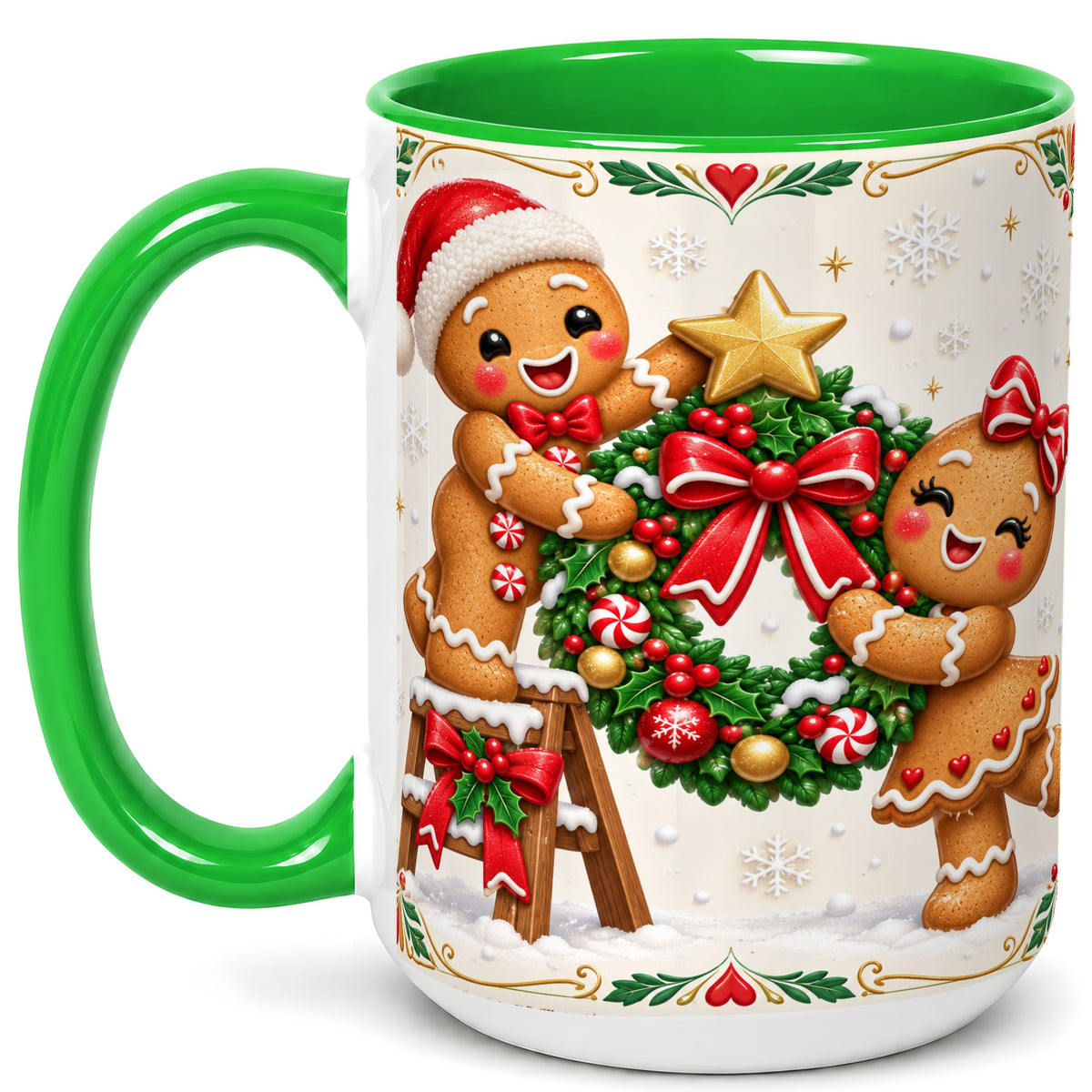 #pl[15oz|Green] Gingerbread Wreath Coffee Mug, Festive Cookie Mug, Ceramic Cup