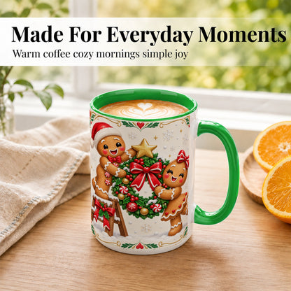 #pl[15oz|Green] Gingerbread Wreath Coffee Mug, Festive Cookie Mug, Ceramic Cup