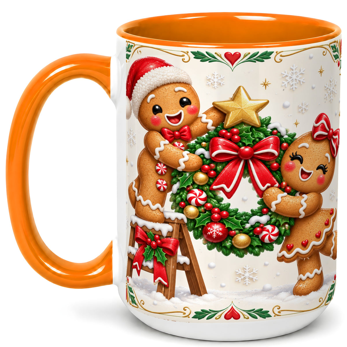 #pl[15oz|Orange] Gingerbread Wreath Coffee Mug, Festive Cookie Mug, Ceramic Cup