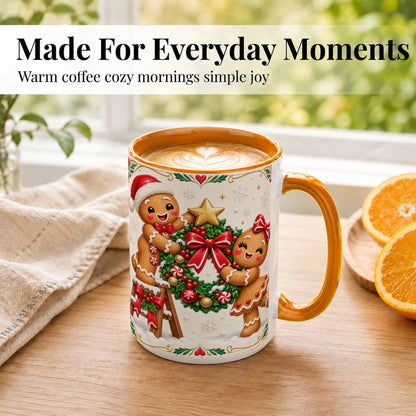 #pl[15oz|Orange] Gingerbread Wreath Coffee Mug, Festive Cookie Mug, Ceramic Cup