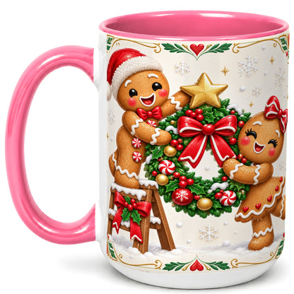 #pl[15oz|Pink] Gingerbread Wreath Coffee Mug, Festive Cookie Mug, Ceramic Cup