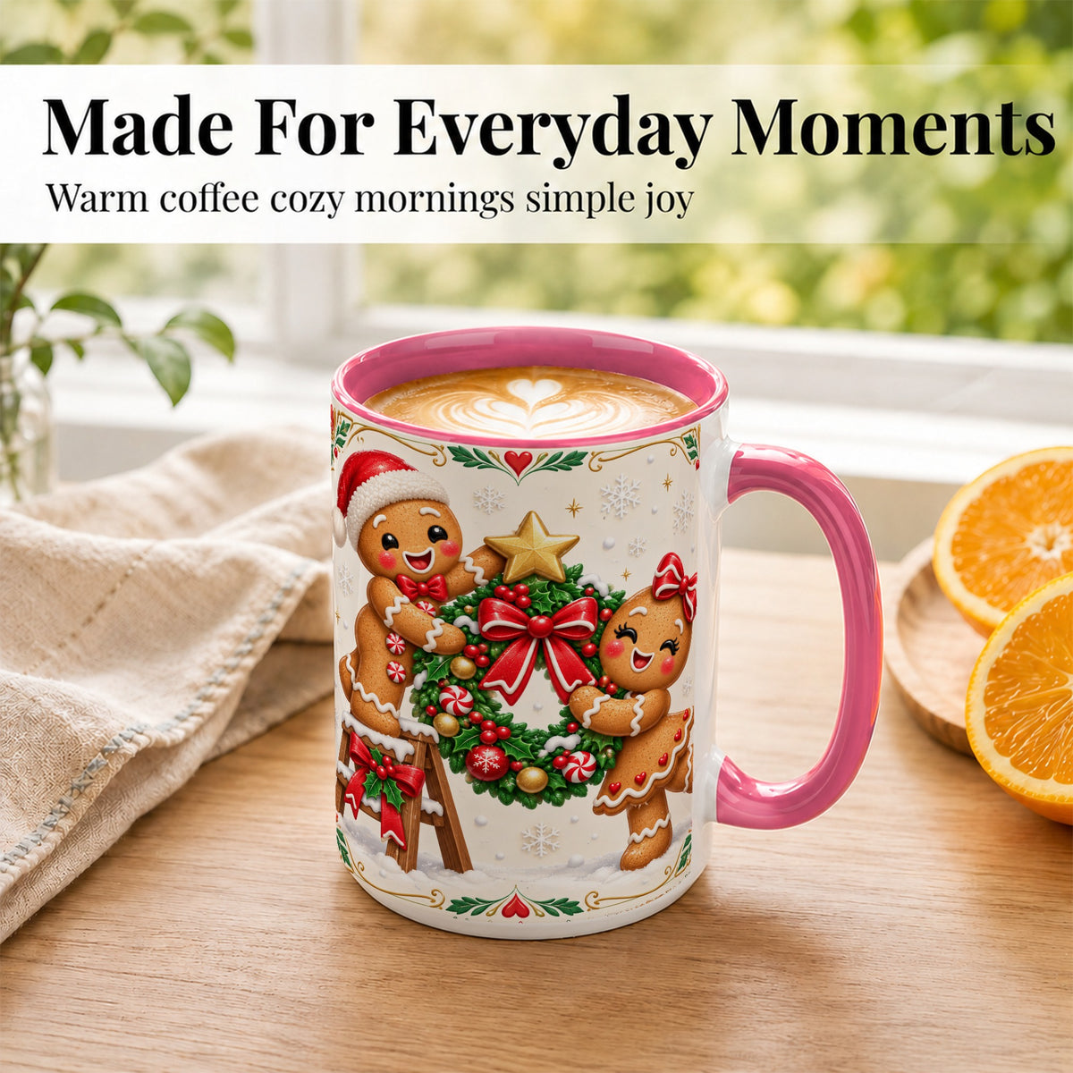 #pl[15oz|Pink] Gingerbread Wreath Coffee Mug, Festive Cookie Mug, Ceramic Cup