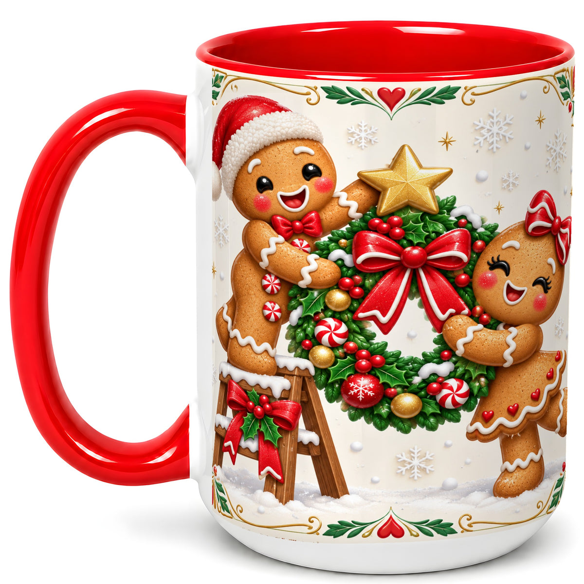 #pl[15oz|Red] Gingerbread Wreath Coffee Mug, Festive Cookie Mug, Ceramic Cup