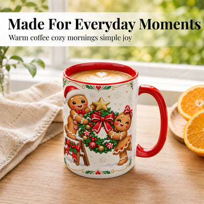 #pl[15oz|Red] Gingerbread Wreath Coffee Mug, Festive Cookie Mug, Ceramic Cup