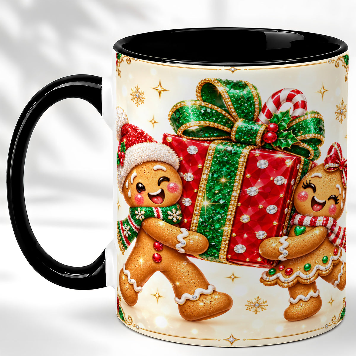 #pl[11oz|Black] Gingerbread Present Coffee Mug, Christmas Cookie Mug, Ceramic Cup