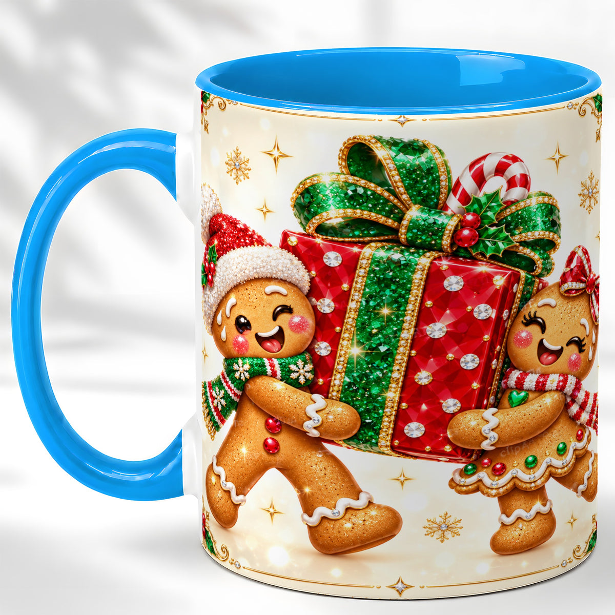 #pl[11oz|Blue] Gingerbread Present Coffee Mug, Christmas Cookie Mug, Ceramic Cup
