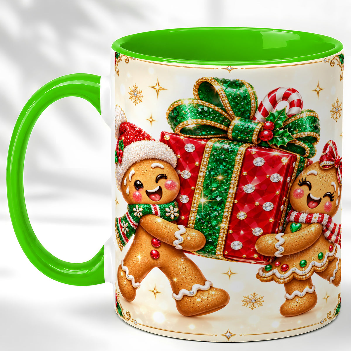 #pl[11oz|Green] Gingerbread Present Coffee Mug, Christmas Cookie Mug, Ceramic Cup