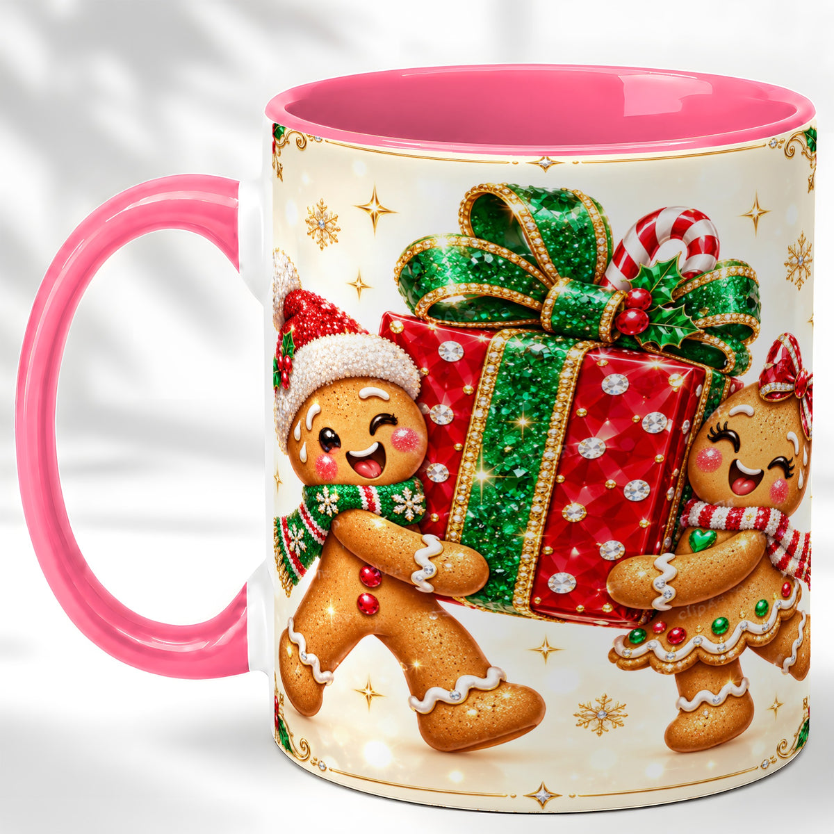 #pl[11oz|Pink] Gingerbread Present Coffee Mug, Christmas Cookie Mug, Ceramic Cup