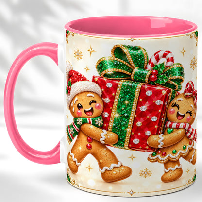 #pl[11oz|Pink] Gingerbread Present Coffee Mug, Christmas Cookie Mug, Ceramic Cup
