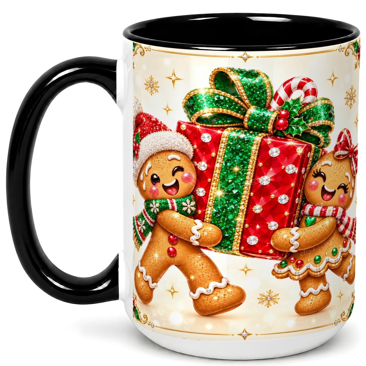 #pl[15oz|Black] Gingerbread Present Coffee Mug, Christmas Cookie Mug, Ceramic Cup