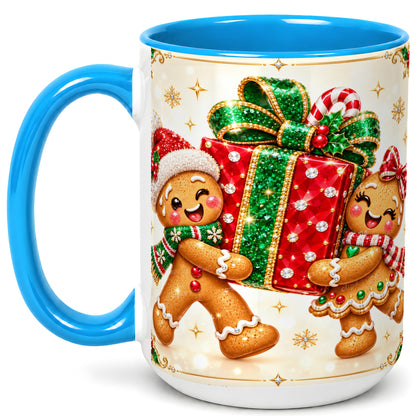 #pl[15oz|Blue] Gingerbread Present Coffee Mug, Christmas Cookie Mug, Ceramic Cup