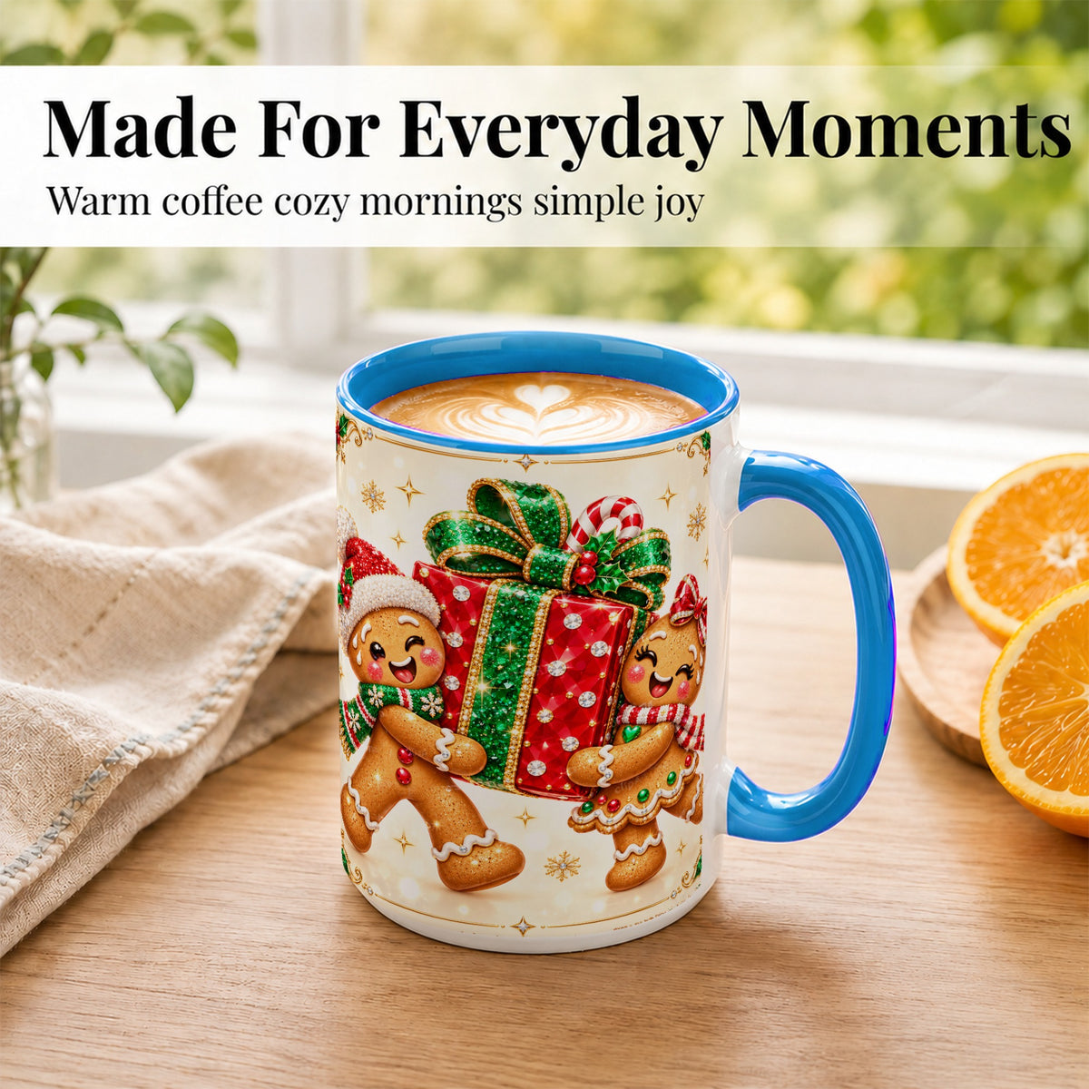 #pl[15oz|Blue] Gingerbread Present Coffee Mug, Christmas Cookie Mug, Ceramic Cup