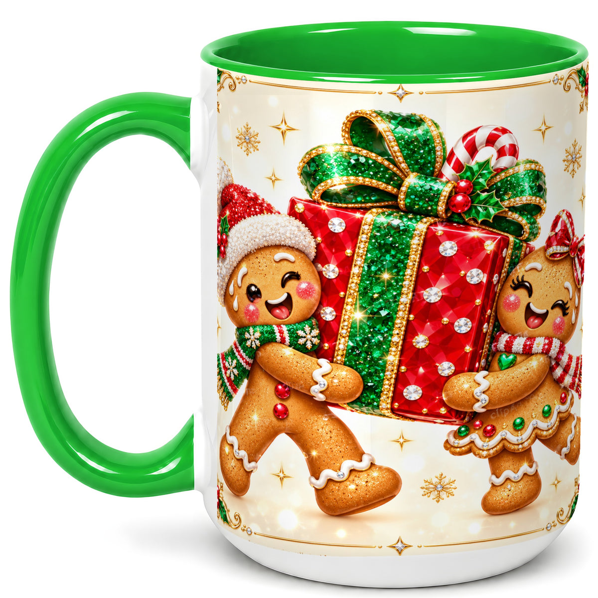 #pl[15oz|Green] Gingerbread Present Coffee Mug, Christmas Cookie Mug, Ceramic Cup