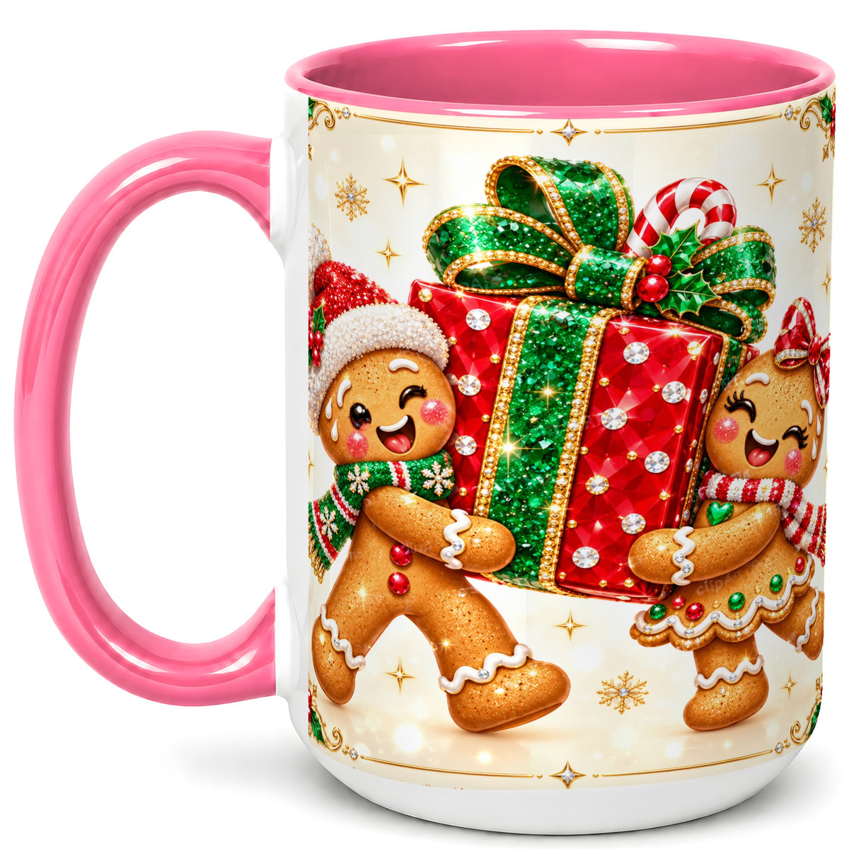 #pl[15oz|Pink] Gingerbread Present Coffee Mug, Christmas Cookie Mug, Ceramic Cup