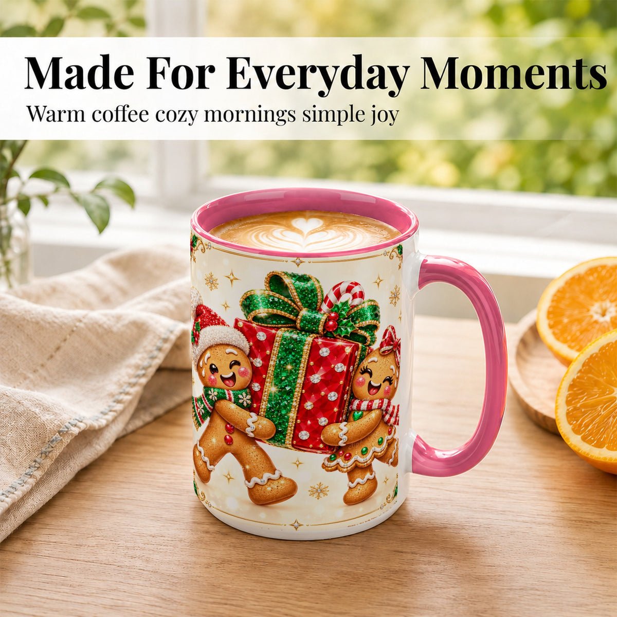 #pl[15oz|Pink] Gingerbread Present Coffee Mug, Christmas Cookie Mug, Ceramic Cup