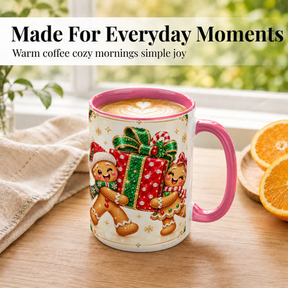 #pl[15oz|Pink] Gingerbread Present Coffee Mug, Christmas Cookie Mug, Ceramic Cup