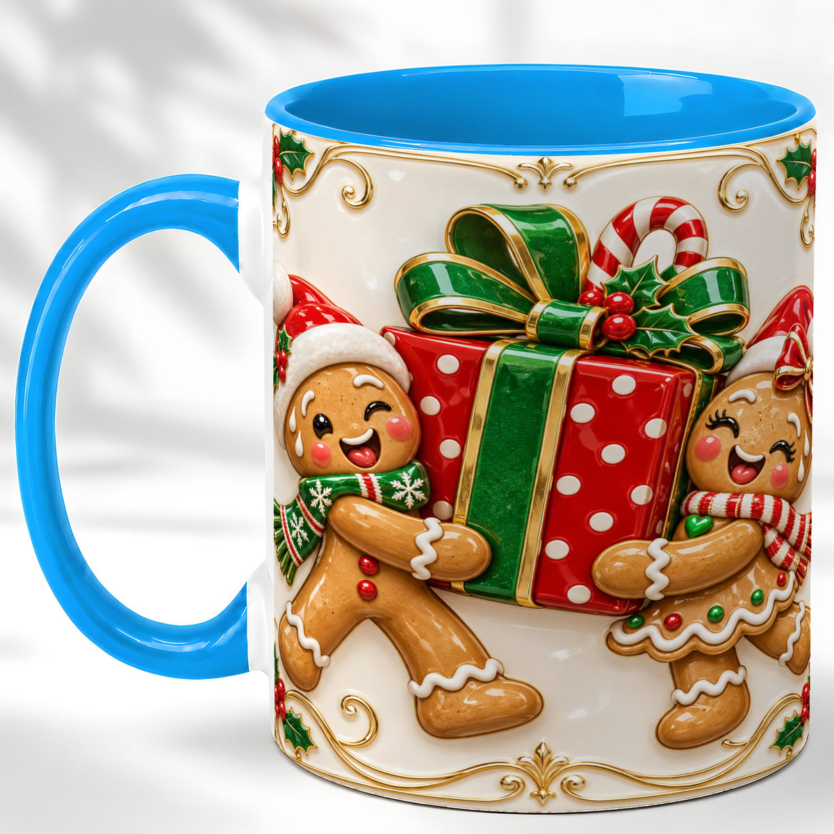#pl[11oz|Blue] Gingerbread Present Coffee Mug, Festive Cookie Mug, Ceramic Cup
