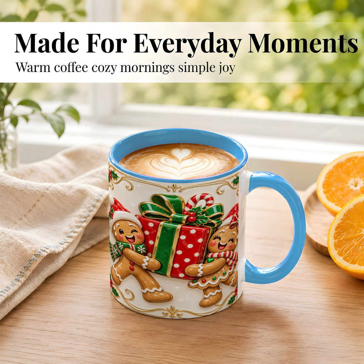 #pl[11oz|Blue] Gingerbread Present Coffee Mug, Festive Cookie Mug, Ceramic Cup
