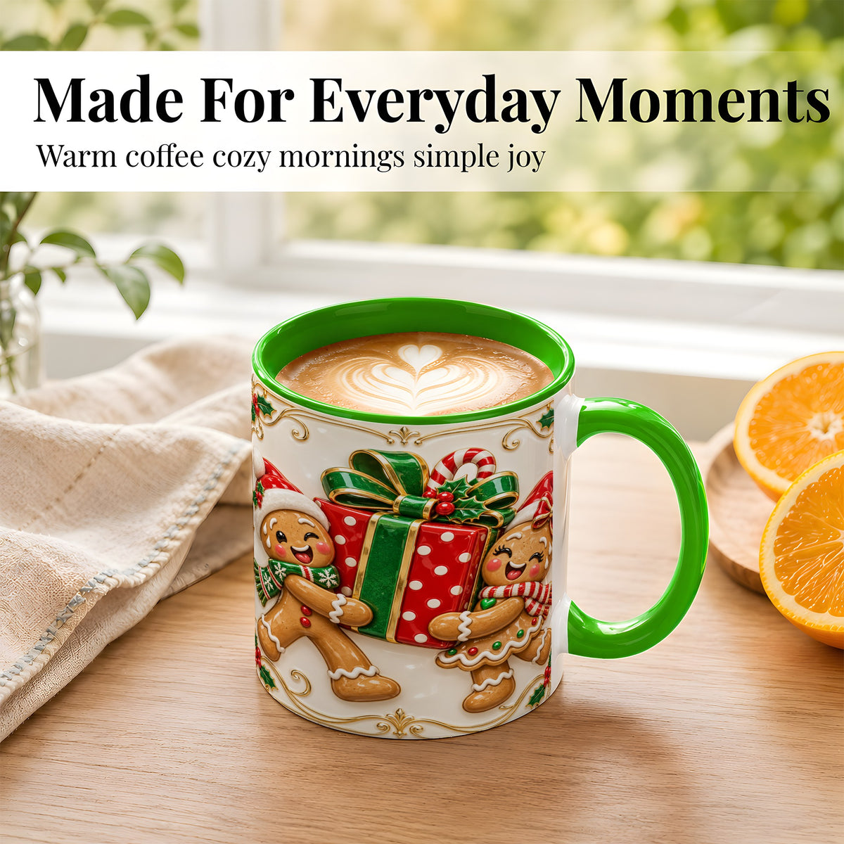 #pl[11oz|Green] Gingerbread Present Coffee Mug, Festive Cookie Mug, Ceramic Cup