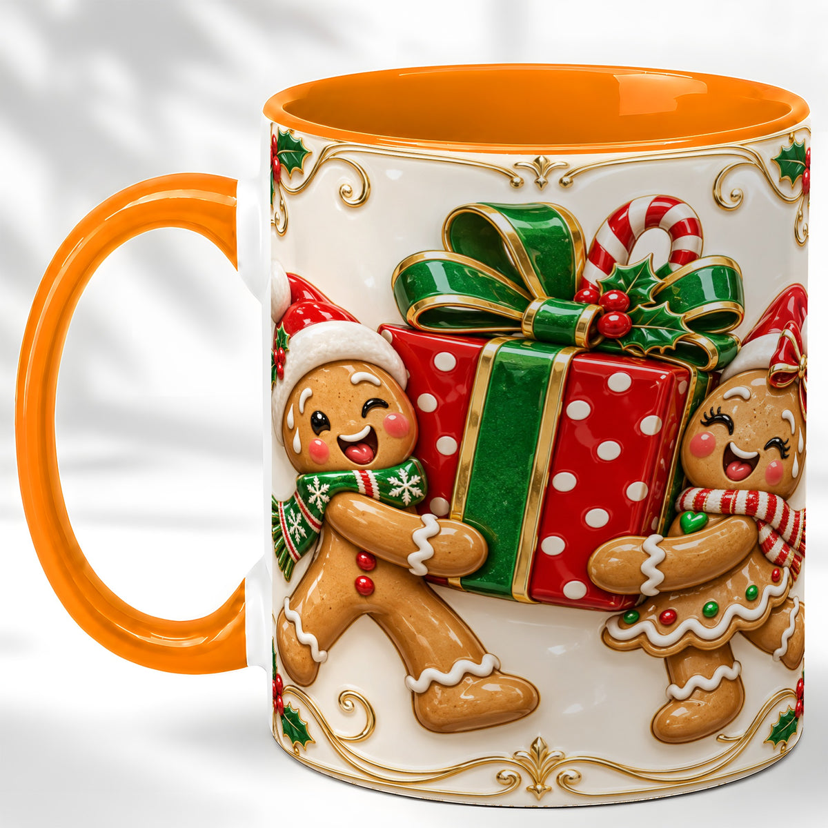 #pl[11oz|Orange] Gingerbread Present Coffee Mug, Festive Cookie Mug, Ceramic Cup