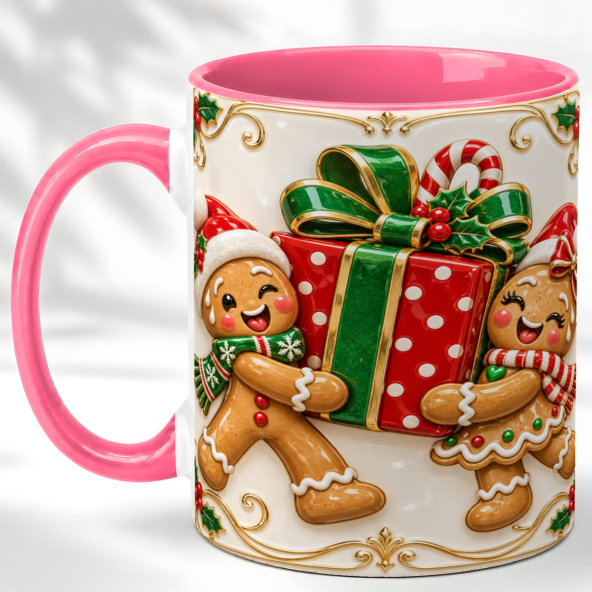 #pl[11oz|Pink] Gingerbread Present Coffee Mug, Festive Cookie Mug, Ceramic Cup